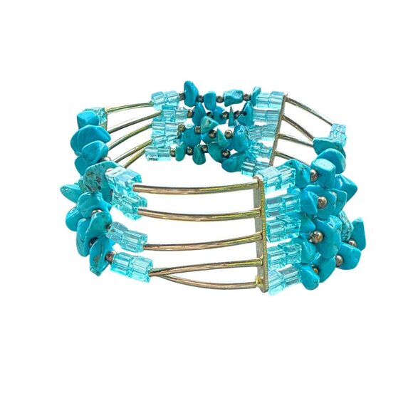 Turquoise Chip Bead Cuff Bracelet Multi Strand Wire Wrap Vintage Style Jewelry - Picture 3 of 9